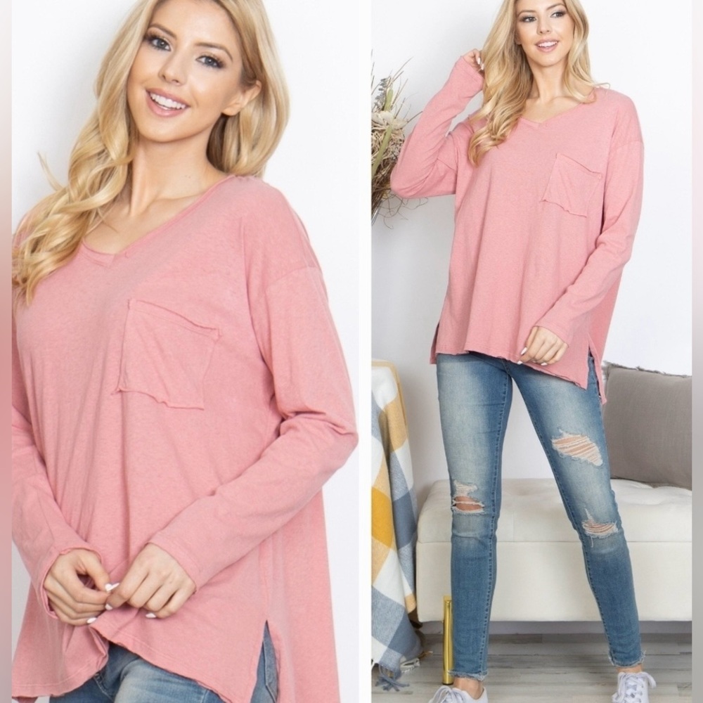 Easel Cotton Dusty Rose Long Sleeve V-Neck Cotton Raw Seam Tee Shirt